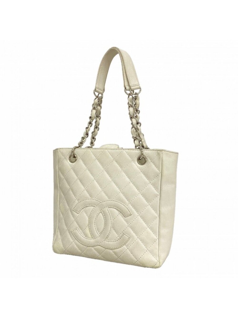 Chanel Shoulder Bag Quilted Caviar Leather White Silver